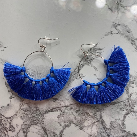 Royal Blue Tassel Hoop Earrings - Picture 2 of 2